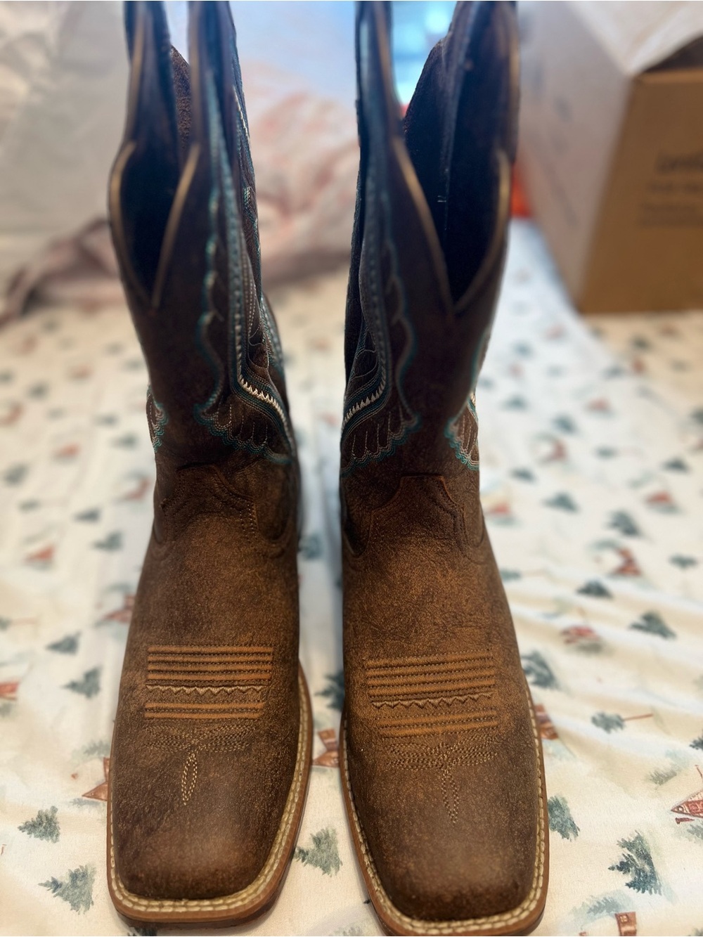 Ariat Brown Suede Western Cowboy Boots with Teal Stitching
